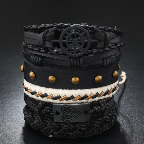 Herren Retro Punk Mehrlagiges Lederarmband Anker Herz Anhänger Handgewebt Legierung Leder Hanfseil Wachskordel Schmuck