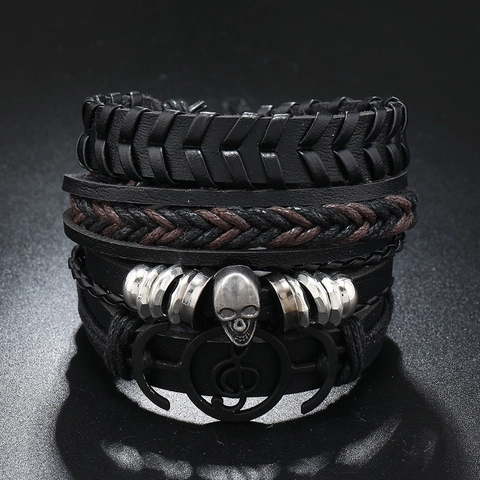Vintage Punk Men Leather Woven Bracelet Skull Anchor Treble Clef Charm Multilayer Adjustable Braid Bracelet Jewelry Accessory