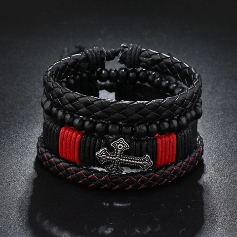 Bracciale da Uomo Vintage Multistrato in Pelle Intrecciata Ciondolo a Croce in Lega Perline di Legno Regolabile Punk Biker Gioielli
