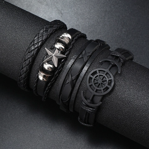 Set Bracciale Intrecciato in Pelle Multistrato da Uomo Vintage 4 Pezzi Nero PU Stella Ancora Timone Punk Biker Gioielli