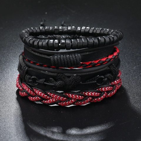 Vintage Punk Herren Lederarmband Set Handgefertigte Holzperlen Geflochtenes Seil Herz Pfeil Charme Mehrlagiges Armband Modeschmuck