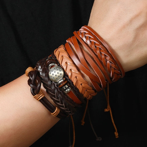 Punk Vintage Heren Leren Armband Meerlagige Gevlochten Wikkelarmband Met Sterrenhanger Legering Houten Kralen Etnische Bruine Sieraden
