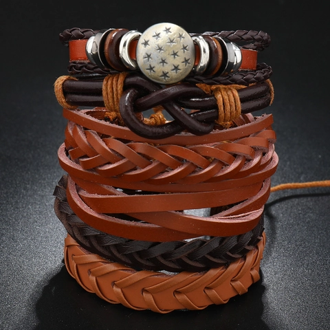 Punk Vintage Heren Leren Armband Meerlagige Gevlochten Wikkelarmband Met Sterrenhanger Legering Houten Kralen Etnische Bruine Sieraden