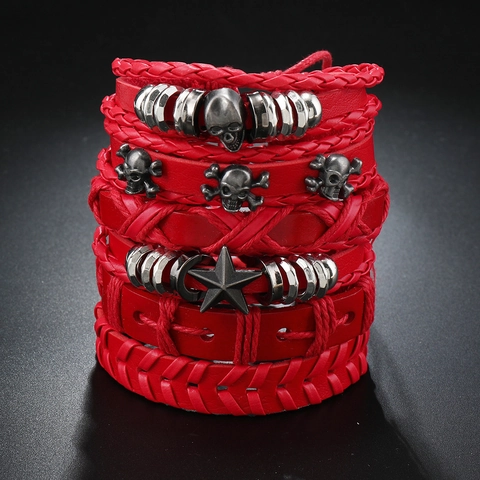Set di Braccialetti in Pelle Multistrato Rosso Punk Rock da Uomo Con Ciondoli a Forma di Teschio e Stella in Lega Regolabile