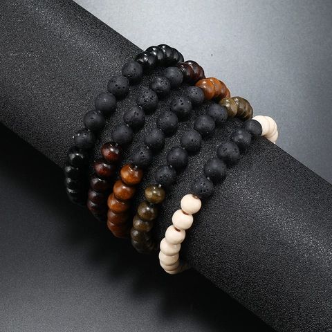 Vintage Men Handmade Multilayer Beaded Bracelets Natural Wood Porous Lava Stone Stacking Bohemian Fashion Jewelry Accessory