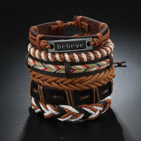 Believe Piastra in Lega Uomo Multistrato Intrecciato Pelle Artificiale Bracciale Set Vintage Fatto a Mano Marrone Gioielli
