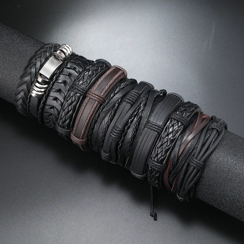 Pulseras de Cuero de Vaca Trenzado de Varias Capas Punk Vintage para Hombre Joyas Envolventes Hechas a Mano Ajustables Negro