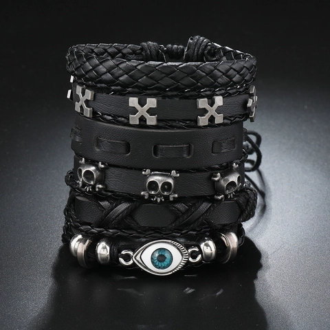 Bracciale in Pelle Artificiale Intrecciata Multistrato Punk Con Teschio Malocchio Croce per Uomo Gioielli Gothic Vintage Nero