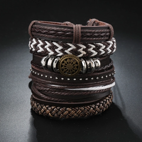 Bracciale Multistrato in Pelle di Vacchetta da Uomo Vintage Intrecciato a Mano Punk Boho Marrone Regolabile Gioielli in Lega