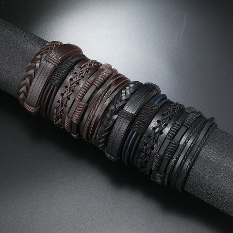 Vintage Handmade Men Leather Braided Bracelet Multilayer Wax Cord PU Leather Adjustable Retro Casual Jewelry Wristband For Men