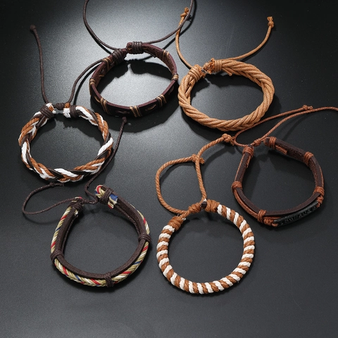 Believe Piastra in Lega Uomo Multistrato Intrecciato Pelle Artificiale Bracciale Set Vintage Fatto a Mano Marrone Gioielli