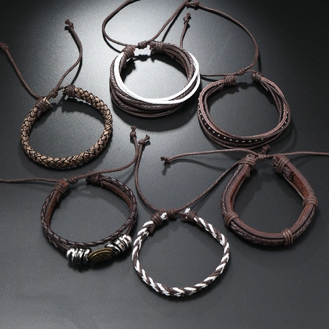 Bracciale Multistrato in Pelle di Vacchetta da Uomo Vintage Intrecciato a Mano Punk Boho Marrone Regolabile Gioielli in Lega