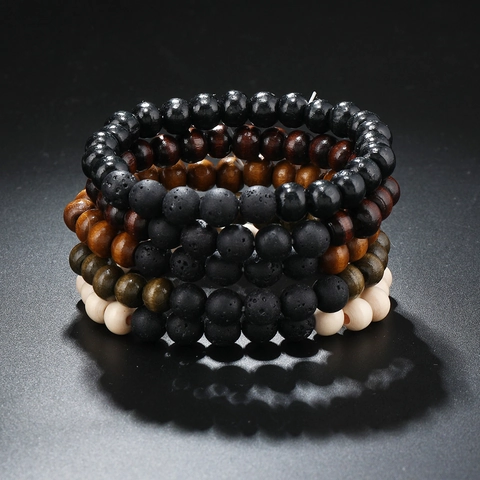 Vintage Men Handmade Multilayer Beaded Bracelets Natural Wood Porous Lava Stone Stacking Bohemian Fashion Jewelry Accessory