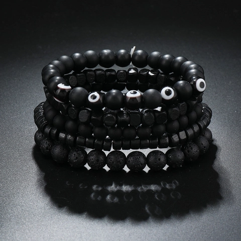 Böser Blick Schwarz Naturstein Lavastein Holz Perlen Armband Für Herren Handgefertigt Dehnbar Modeschmuck Ethno-Stil