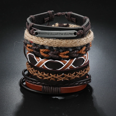 Bracciale Multistrato Intrecciato in Pelle Artificiale Vintage da Uomo con Targhetta in Lega Regolabile Gioielli Punk Etnici Accessorio Marrone