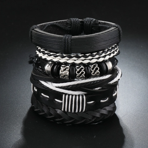Men's Punk Multi-layer Leather Bracelet Handwoven Black White Wax Cord Adjustable Retro Alloy Bead Jewelry For Men