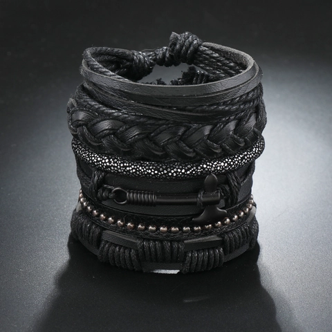 Bracciale Multistrato Punk da Uomo in Pelle Artificiale Lega Ciondolo Ascia Tessuto a Mano Polsino Gothic Gioielli Hip Hop