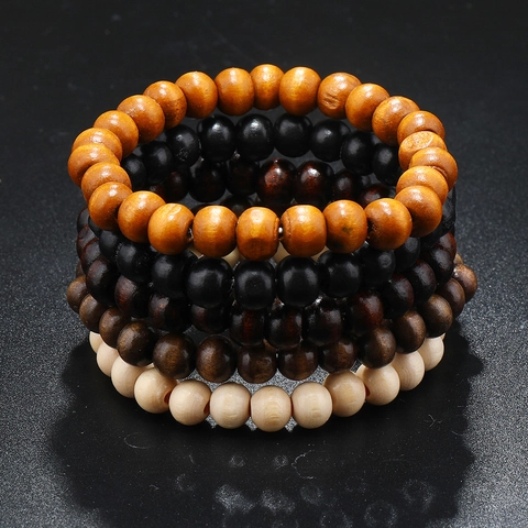 Vintage Handmade Wood Beaded Bracelets For Men Women Retro Elastic Round Bead Stretch Bangle Ethnic Jewelry Gift Accessories