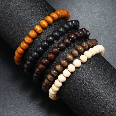 Vintage Handmade Wood Beaded Bracelets For Men Women Retro Elastic Round Bead Stretch Bangle Ethnic Jewelry Gift Accessories