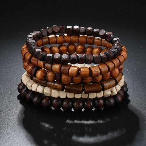 Retro Ethnic Wood Bead Bracelets Handmade Elastic Layered Beaded Bracelet Multicolor Men Women Jewelry Accessory Gift