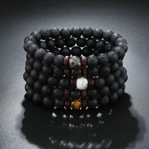 Men Vintage Lava Stone Handmade Bracelets Natural Tiger Eye Turquoise Wood Beaded Elastic Hand Chain Jewelry Daily Fashion