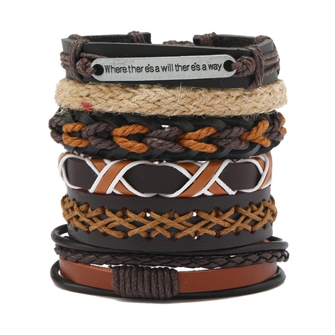 Bracciale Multistrato Intrecciato in Pelle Artificiale Vintage da Uomo con Targhetta in Lega Regolabile Gioielli Punk Etnici Accessorio Marrone