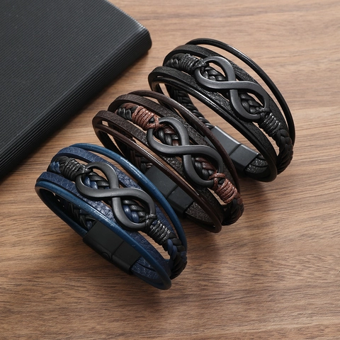 Men's Multilayer Woven Leather Bracelet Infinity Symbol Alloy Magnetic Buckle Fashion Vintage Stackable Hand Strap Gift