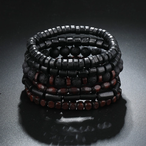 Bracciale da Uomo Vintage in Perle di Legno Fatto a Mano Con Pietra Lavica Vulcanica Bracciale Elastico Multistrato Etnico