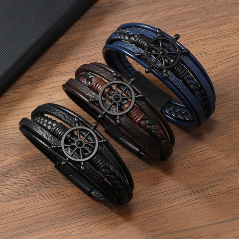 Bracciale Nautico Vintage in Pelle Intrecciata da Uomo Timone in Lega Bracciale Multistrato con Chiusura Magnetica