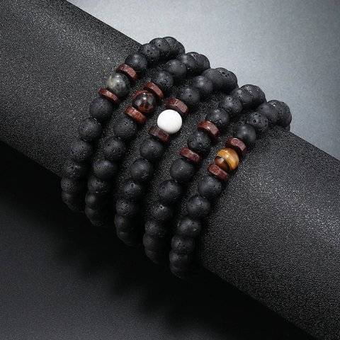 Men Vintage Lava Stone Handmade Bracelets Natural Tiger Eye Turquoise Wood Beaded Elastic Hand Chain Jewelry Daily Fashion