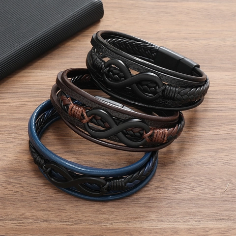 Men's Multilayer Woven Leather Bracelet Infinity Symbol Alloy Magnetic Buckle Fashion Vintage Stackable Hand Strap Gift