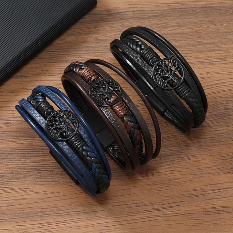 Retro Mehrlagig Leder Geflochten Armband Herren Lebensbaum Legierung Magnetverschluss Einfach Punk Stil Hand Schmuck Geschenk