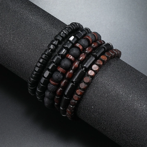 Bracciale da Uomo Vintage in Perle di Legno Fatto a Mano Con Pietra Lavica Vulcanica Bracciale Elastico Multistrato Etnico