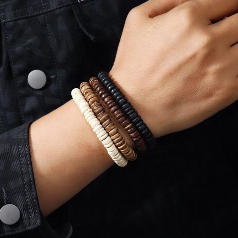 Retro Böhmisch Gelaagde Perlen Armband Set Handgemacht Natürliche Kokosnussschale Scheibe Perlen Mehrfarbig Elastischer Schmuck