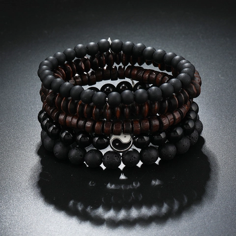 Ensemble de Bracelets en Perles de Bois et Pierre Naturelle Fait Main pour Hommes Femmes Multi-rangs Tai Chi Bijoux Style Ethnique