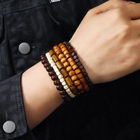 Retro Ethnic Wood Bead Bracelets Handmade Elastic Layered Beaded Bracelet Multicolor Men Women Jewelry Accessory Gift