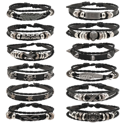 Collezione Bracciali Punk in Pelle Sintetica da Uomo Vintage Intrecciato Lega Teschio Pentagramma Piuma Multistrato Retro Gioielli Bangle