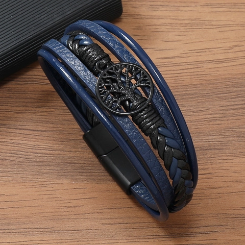 Retro Mehrlagig Leder Geflochten Armband Herren Lebensbaum Legierung Magnetverschluss Einfach Punk Stil Hand Schmuck Geschenk