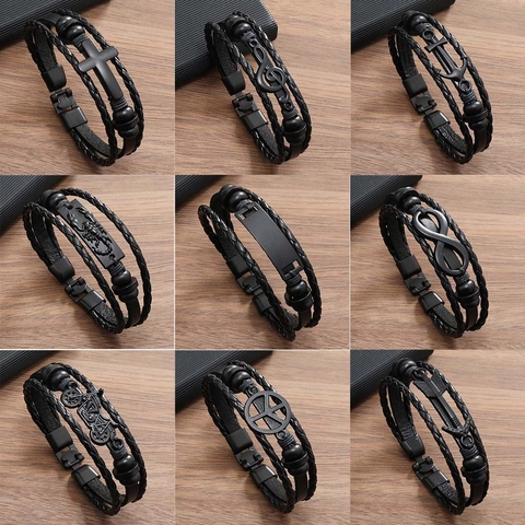 Bracciale da Uomo Vintage Punk in Pelle Intrecciata Multistrato in Pelle Bovina Lega Croce Ancora Scorpione Moto Braccialetto Personalizzato Gioielli