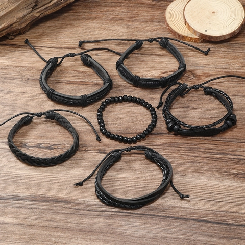 Vintage Multilayer Braided Leather Bracelet Set For Men Hand-Woven Black Wood Beads Wing Charm Adjustable Punk Retro Jewelry