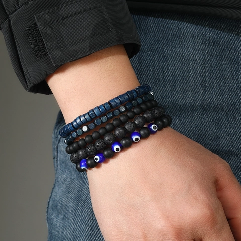 Men's Vintage Lava Stone Wood Beaded Multilayer Bohemian Stretch Bracelet Evil Eye Unisex Daily Casual Jewelry Gift