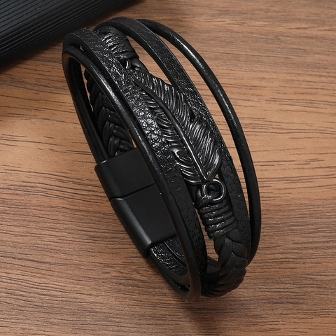 Bracciale da Uomo in Pelle Intrecciata Multistrato Vintage Con Ciondolo a Piuma in Lega Chiusura Magnetica Punk Gioielli