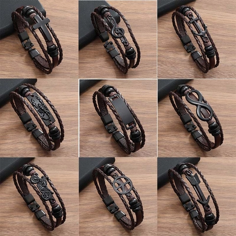 Bracciale da Uomo Vintage Punk in Pelle Intrecciata Multistrato in Pelle Bovina Lega Croce Ancora Scorpione Moto Braccialetto Personalizzato Gioielli