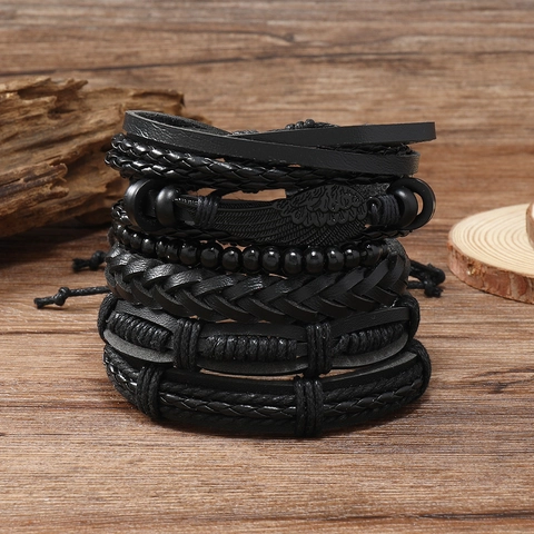 Vintage Multilayer Braided Leather Bracelet Set For Men Hand-Woven Black Wood Beads Wing Charm Adjustable Punk Retro Jewelry