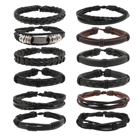 Pulseras de Cuero de Vaca Trenzado de Varias Capas Punk Vintage para Hombre Joyas Envolventes Hechas a Mano Ajustables Negro