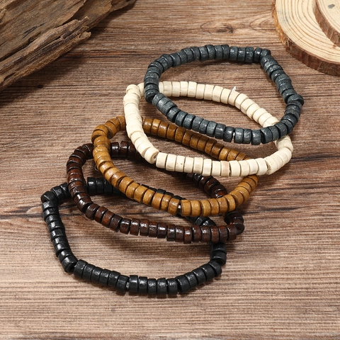 Retro Men Wood Beaded Bracelet Multi-Layer Handmade Elastic Wood Bead Wristband Ethnic Style Vintage Men Jewelry Accessories
