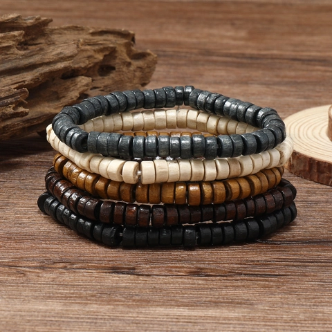 Retro Men Wood Beaded Bracelet Multi-Layer Handmade Elastic Wood Bead Wristband Ethnic Style Vintage Men Jewelry Accessories