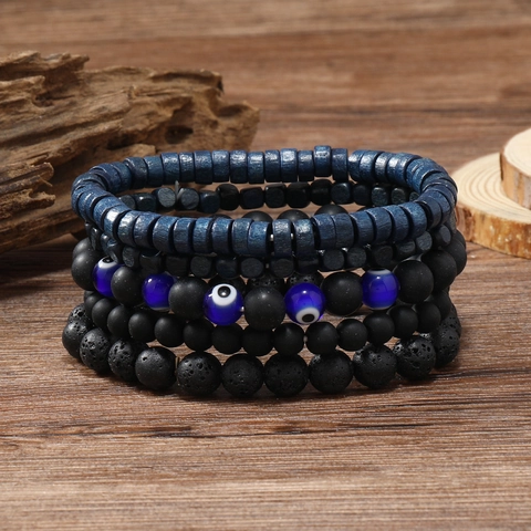 Men's Vintage Lava Stone Wood Beaded Multilayer Bohemian Stretch Bracelet Evil Eye Unisex Daily Casual Jewelry Gift