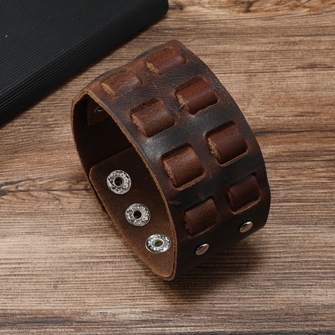 Bracciale in Pelle Marrone Largo Vintage per Uomo Fibbia in Lega Punk Retro in Pelle Bovina Regolabile Gioielli Fatti a Mano