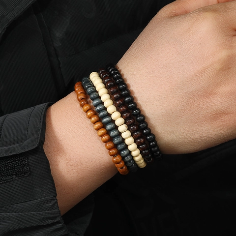 Herren Vintage Holz Perlen Armband Set Elastisch Handgefertigt Mehrfarbig Natur Stil Ethno Armband Schmuck